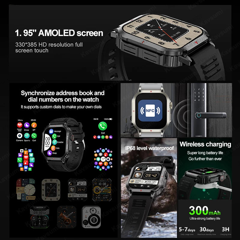 GPS Track Compass Smart Watch Men AMOLED Screen NFC Smartwatches Waterproof Outdoor Sports Fitness Watch Military Bluetooth Call